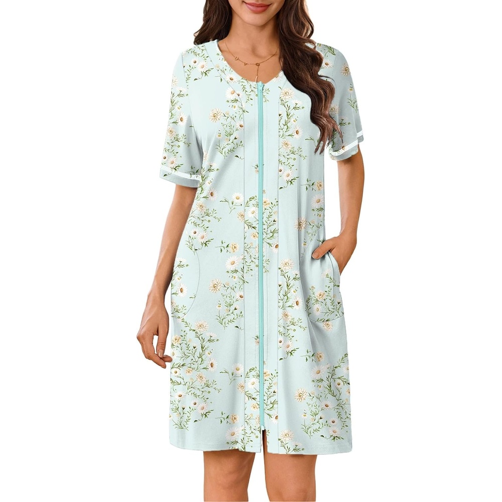 image:imageEkouaer Women Zipper Robe Short Sleeves Housecoat Bathrobes Zip Up RobeLight Green Floral