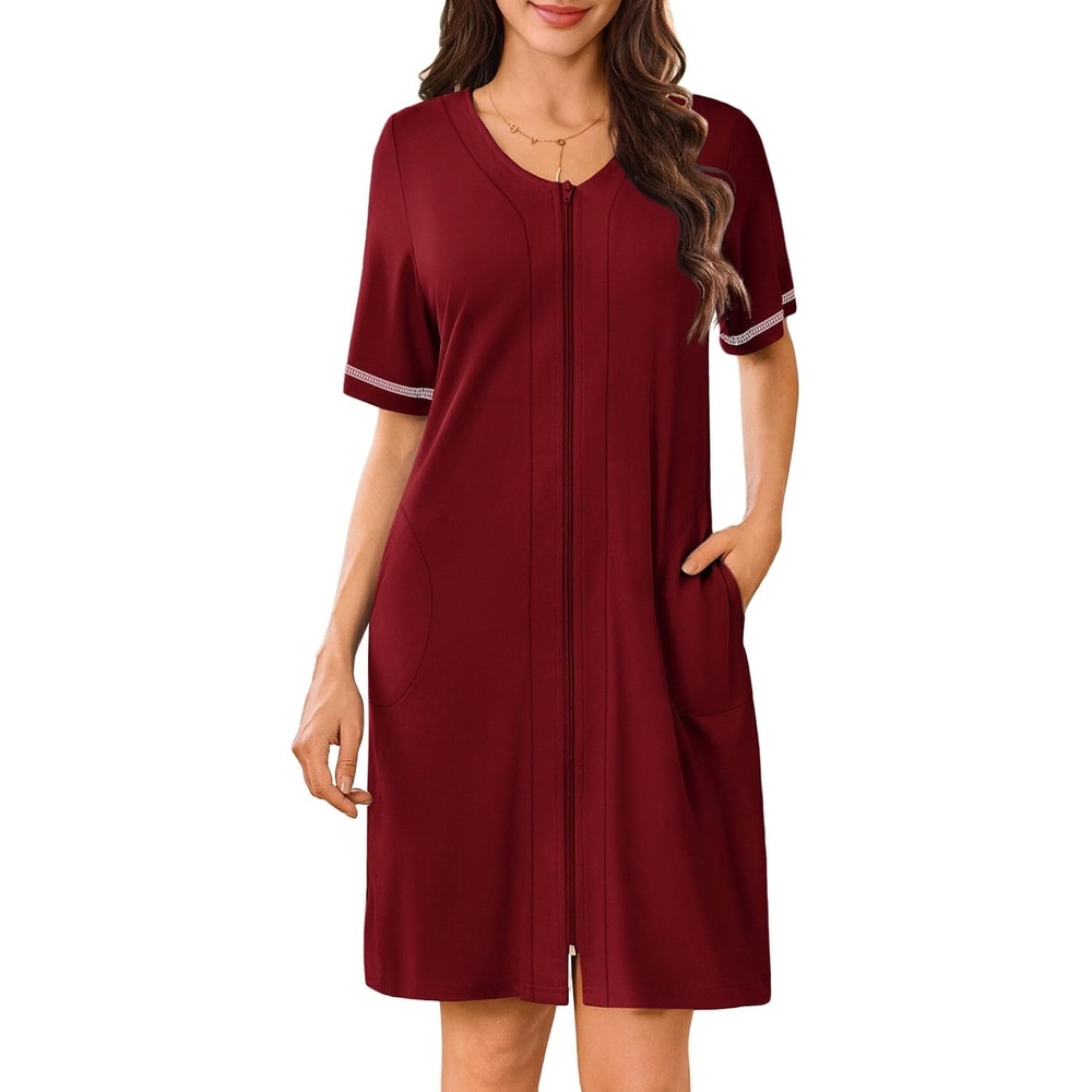 image:imageEkouaer Women Zipper Robe Short Sleeves Housecoat Bathrobes Zip Up RobeWine Red