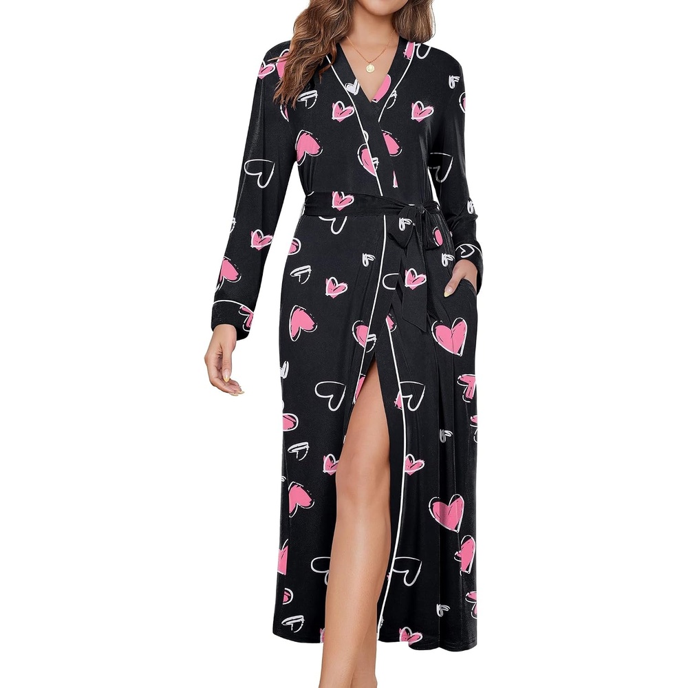 image:imageEkouaer Womens Robes Lightweight Soft Knit Bathrobe Full Length SleepwearBlack Heart