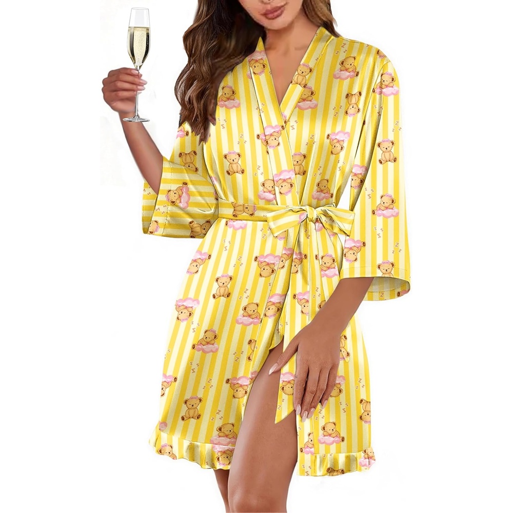 image:imageEkouaer Womens Satin Robes Short Silk Kimono Bath Robe with PocketsTeddy Bear