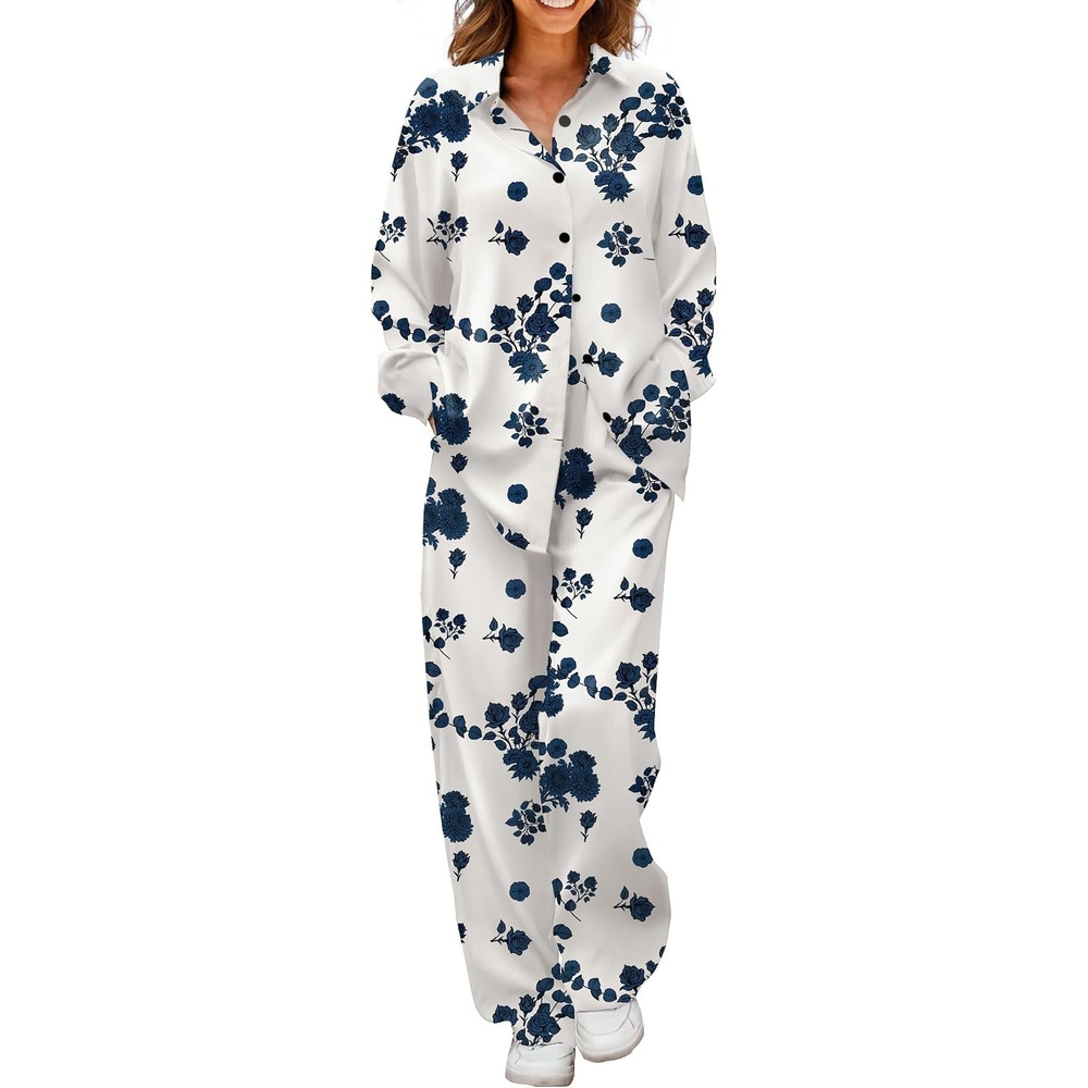 image:imageEkouaer Womens Satin Silky Pajama Set Soft Long PJs Button Down LoungewearBblue Flower