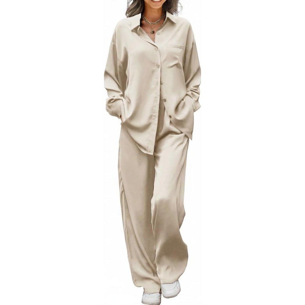 image:imageEkouaer Womens Satin Silky Pajama Set Soft Long PJs Button Down LoungewearChampagne
