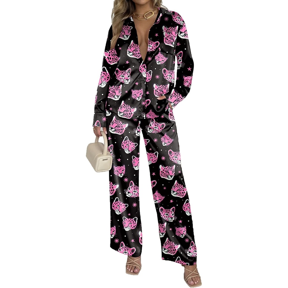 image:imageEkouaer Womens Satin Silky Pajama Set Soft Long PJs Button Down LoungewearCpink Leopard