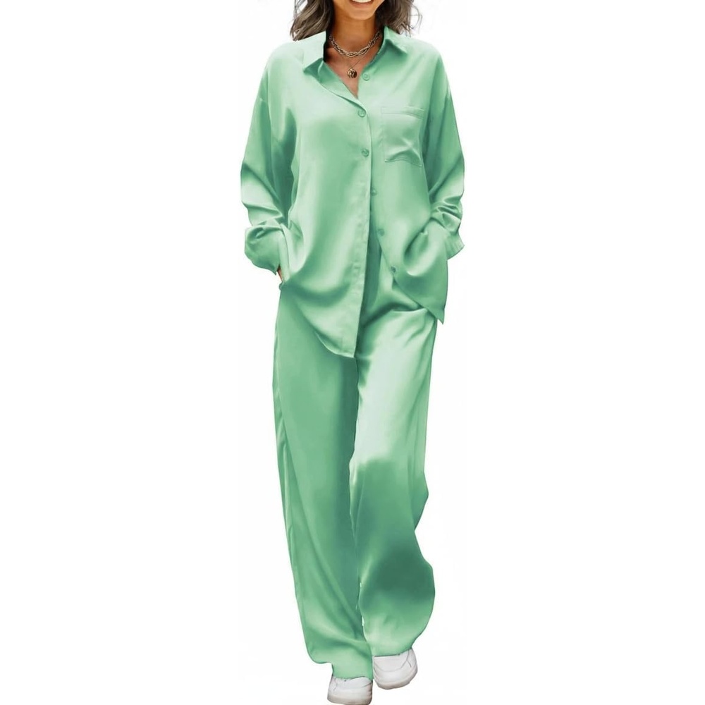 image:imageEkouaer Womens Satin Silky Pajama Set Soft Long PJs Button Down LoungewearIce Green