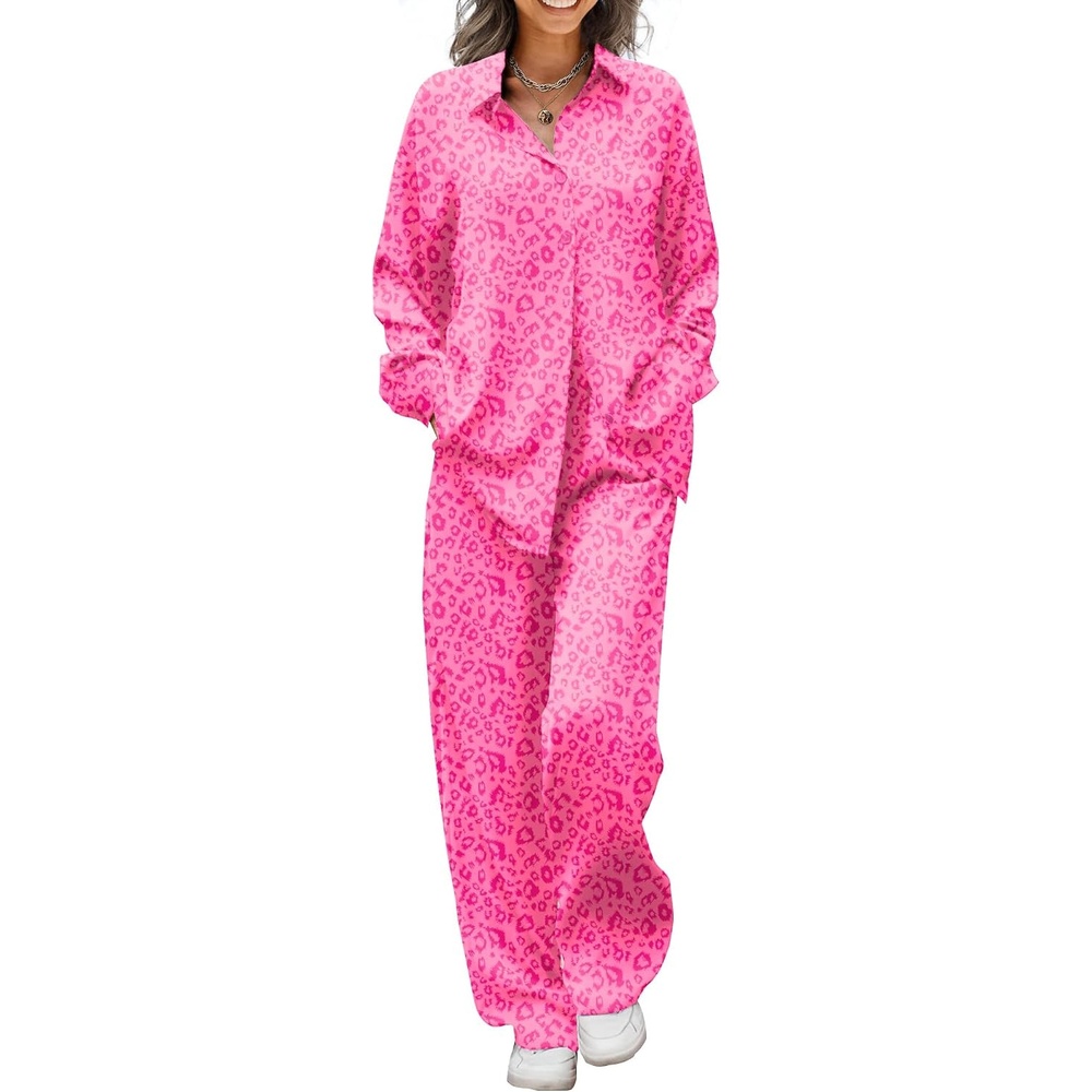 image:imageEkouaer Womens Satin Silky Pajama Set Soft Long PJs Button Down LoungewearPink Leopard Print