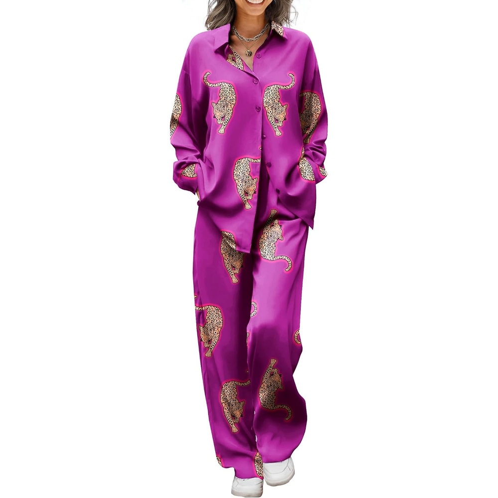 image:imageEkouaer Womens Satin Silky Pajama Set Soft Long PJs Button Down LoungewearPurple Large Leopard