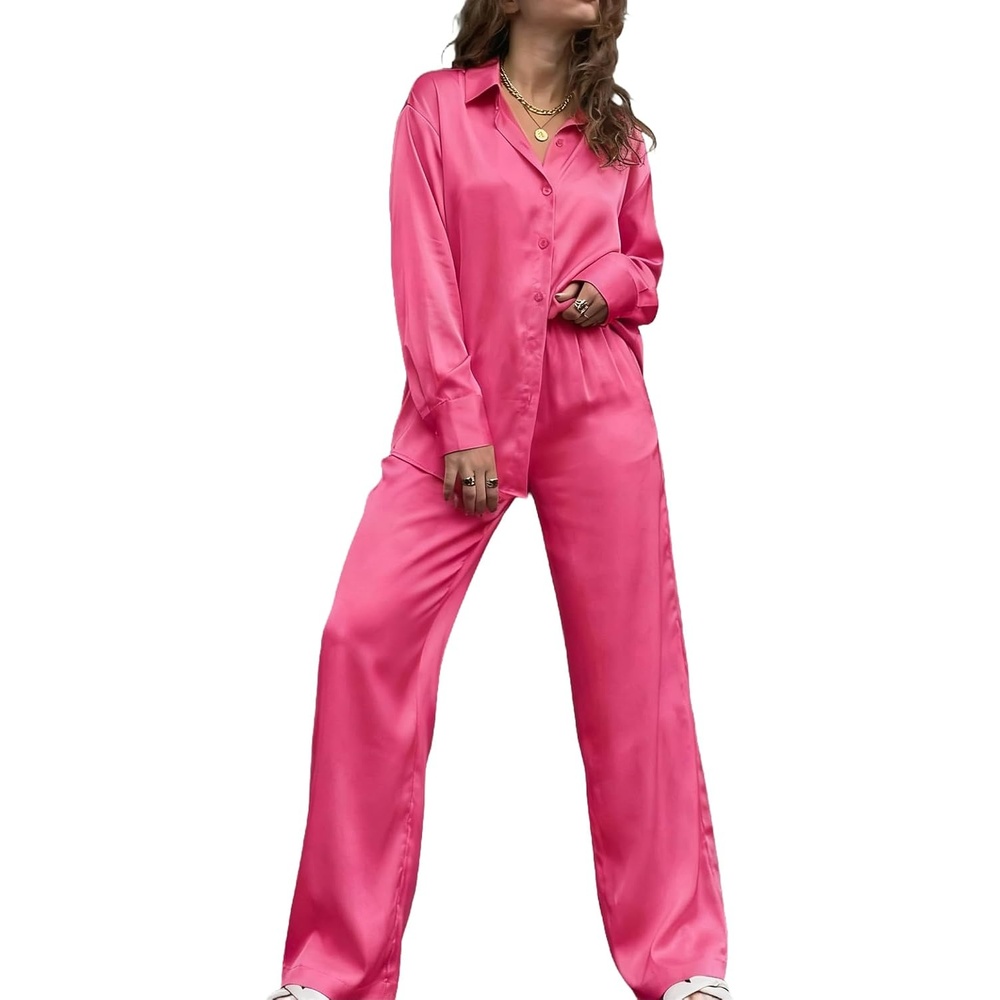 image:imageEkouaer Womens Satin Silky Pajama Set Soft Long PJs Button Down LoungewearRose Red