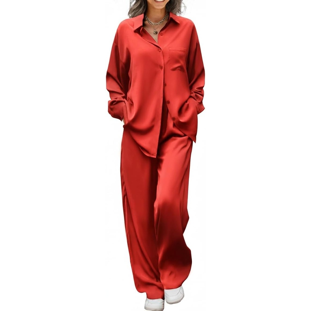 image:imageEkouaer Womens Satin Silky Pajama Set Soft Long PJs Button Down LoungewearTrue Red