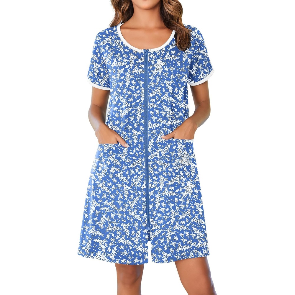 image:imageEkouaer Zip Up Robes for Women Zipper House Coat Short Bathrobes NightgownFlower Blue