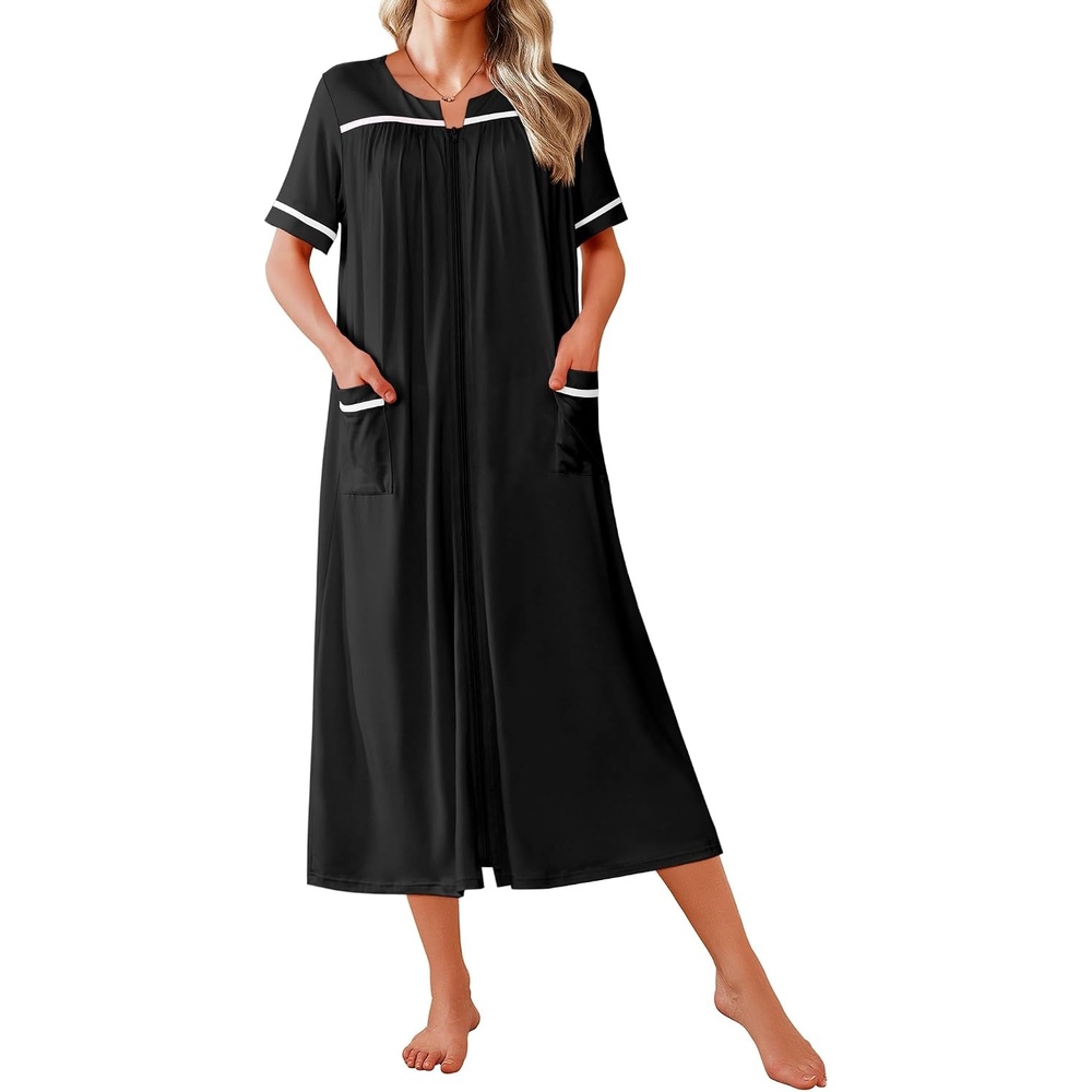 image:imageEkouaer Zipper Robes for Women Short Sleeve Bathrobe with PocketsBlack