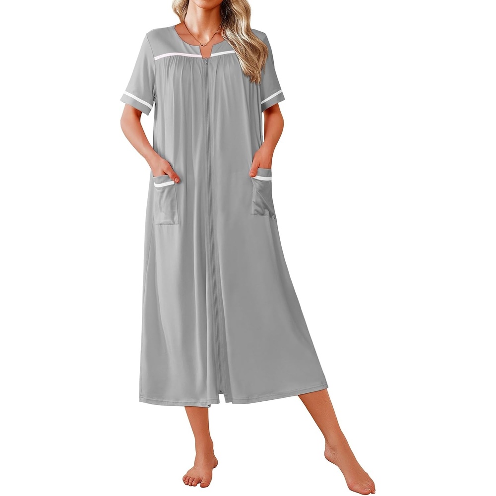 image:imageEkouaer Zipper Robes for Women Short Sleeve Bathrobe with PocketsLight Grey