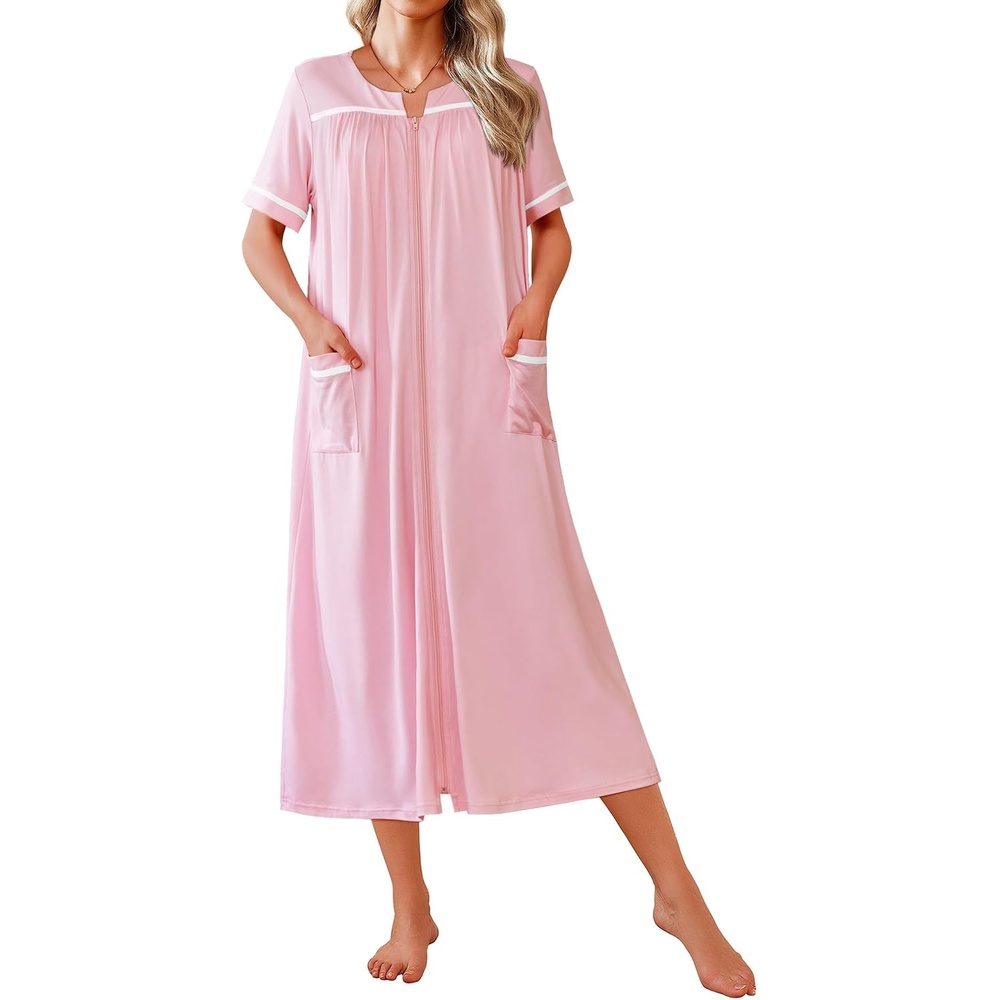 image:imageEkouaer Zipper Robes for Women Short Sleeve Bathrobe with PocketsPink