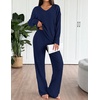 Ekouaer Lounge Sets for Women Long Sleeve Knit Ribbed Pajama Sets 2 Piece Casual Loungewear with Pockets(Navy Blue)