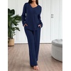 Ekouaer Lounge Sets for Women Long Sleeve Knit Ribbed Pajama Sets 2 Piece Casual Loungewear with Pockets(Navy Blue)