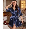 Ekouaer Silk Robes for Women Short Lightweight Bathrobe Satin Kimono Robes(Navy Blue)