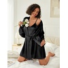 Ekouaer Women Silk Robe Set V Neck 2 Piece Bridal Robe Satin Bathrobe Set(Black)