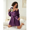 Ekouaer Women Silk Robe Set V Neck 2 Piece Bridal Robe Satin Bathrobe Set(Purple)