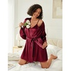 Ekouaer Women Silk Robe Set V Neck 2 Piece Bridal Robe Satin Bathrobe Set(Wine Red)