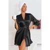 Ekouaer Women’s Satin Robes Short Silk Kimono Bath Robe with Pockets(01black)