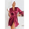 Ekouaer Women’s Satin Robes Short Silk Kimono Bath Robe with Pockets(Wine Red)