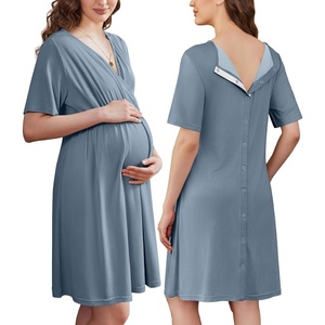 Ekouaer Labor and Delivery Gown for Hospital V Neck Maternity Nursing Dress(Dusty Blue)