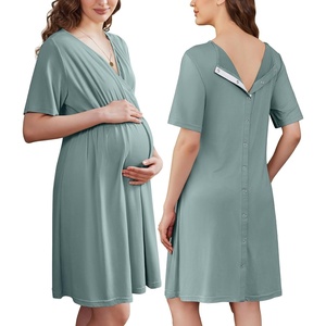 Ekouaer Labor and Delivery Gown for Hospital V Neck Maternity Nursing Dress(Dusty Green)