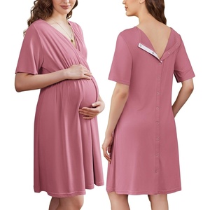 Ekouaer Labor and Delivery Gown for Hospital V Neck Maternity Nursing Dress(Grey Purple)