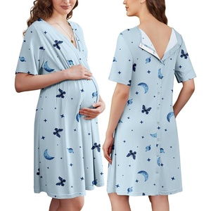 Ekouaer Labor and Delivery Gown for Hospital V Neck Maternity Nursing Dress(Light Blue Moon Planet Butterfly)