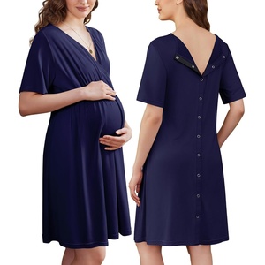 Ekouaer Labor and Delivery Gown for Hospital V Neck Maternity Nursing Dress(Navy Blue)