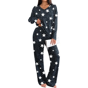 Ekouaer Lounge Sets for Women Long Sleeve Knit Ribbed Pajama Sets 2 Piece Casual Loungewear with Pockets(Gray Stars)