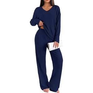 Ekouaer Lounge Sets for Women Long Sleeve Knit Ribbed Pajama Sets 2 Piece Casual Loungewear with Pockets(Navy Blue)