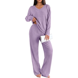 Ekouaer Lounge Sets for Women Long Sleeve Knit Ribbed Pajama Sets 2 Piece Casual Loungewear with Pockets(Purple)