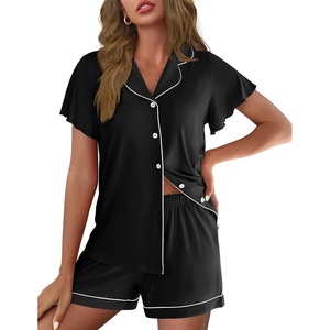 Ekouaer Pajamas for Women Set Button Up Bridal Pjs Ruffle Sleeve(Black)
