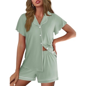 Ekouaer Pajamas for Women Set Button Up Bridal Pjs Ruffle Sleeve(Light Green)