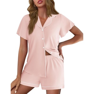 Ekouaer Pajamas for Women Set Button Up Bridal Pjs Ruffle Sleeve(Pastel Pink)