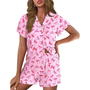 Ekouaer Pajamas for Women Set Button Up Bridal Pjs Ruffle Sleeve(Pink Bow Tie)