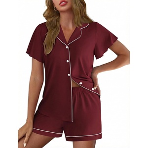 Ekouaer Pajamas for Women Set Button Up Bridal Pjs Ruffle Sleeve(Wine Red)