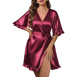 Ekouaer Silk Robes for Women Short Lightweight Bathrobe Satin Kimono Robes(Wine Red)
