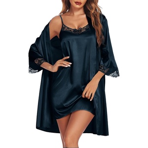 Ekouaer Sleepwear Women’s Satin Nightgown with Robes Set 2 Piece(Deep Blue)