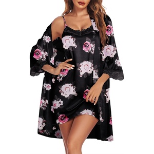 Ekouaer Sleepwear Women’s Satin Nightgown with Robes Set 2 Piece(Floral White Black)