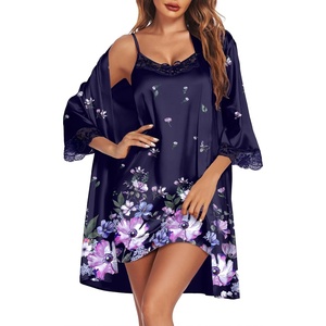 Ekouaer Sleepwear Women’s Satin Nightgown with Robes Set 2 Piece(Purple Floral)