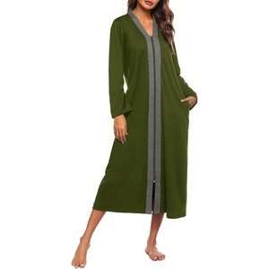 Ekouaer Women Zipper Robe Long Sleeve Housecoat Soft Nightgown with Pockets(Army Green)