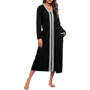Ekouaer Women Zipper Robe Long Sleeve Housecoat Soft Nightgown with Pockets(Black With Grey)