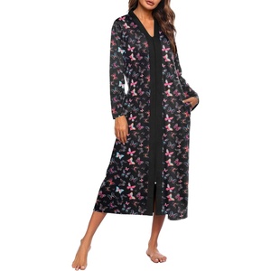 Ekouaer Women Zipper Robe Long Sleeve Housecoat Soft Nightgown with Pockets(Butterfly)