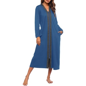 Ekouaer Women Zipper Robe Long Sleeve Housecoat Soft Nightgown with Pockets(Navy Gray)