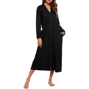 Ekouaer Women Zipper Robe Long Sleeve Housecoat Soft Nightgown with Pockets(Pure Black)