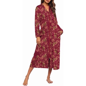 Ekouaer Women Zipper Robe Long Sleeve Housecoat Soft Nightgown with Pockets(Red Floral)