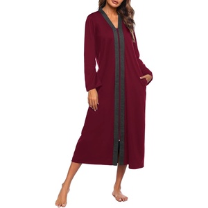 Ekouaer Women Zipper Robe Long Sleeve Housecoat Soft Nightgown with Pockets(Wine Red)