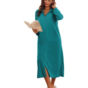 Ekouaer Women Zipper Robe Long Sleeves House Coat Soft Bathrobe Housecoat(A-teal)