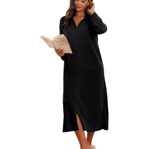Ekouaer Women Zipper Robe Long Sleeves House Coat Soft Bathrobe Housecoat(Black)